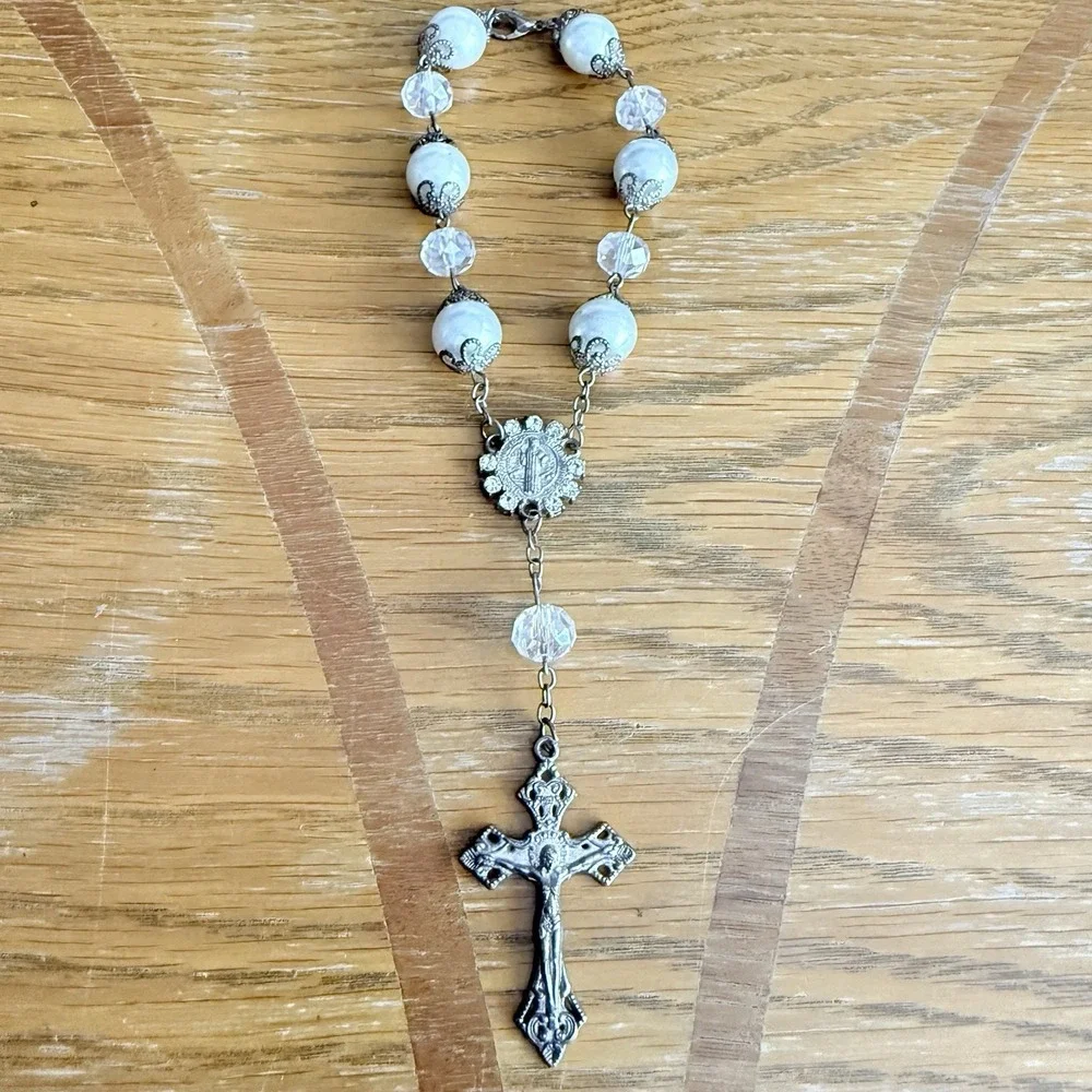 Vintage Italian Single Decade Rosary Chaplet Faux Pearl Beads Crucifix Cuart